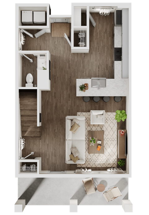 3-D rendering of upper level of a 2-bedroom, 2.5-bathroom townhouse at Turnberry Park Luxury Rental Homes in Gardendale, AL